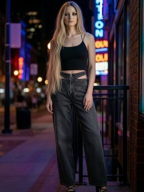 Bershka Black Cut-Out Waist Wide Leg Jeans NWOT | Size 2 Exposed Zip Edgy